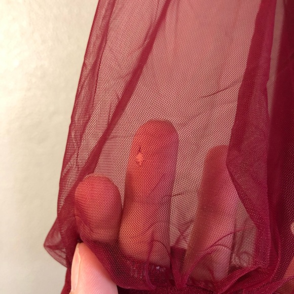 Burgundy Red Mesh White Pearl Long Sleeve Dress - Picture 12 of 13